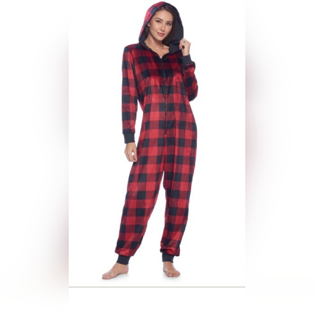 Ashford & Brooks Women's Flannel Hooded One Piece Pajama Jumpsuit Size S NWOT